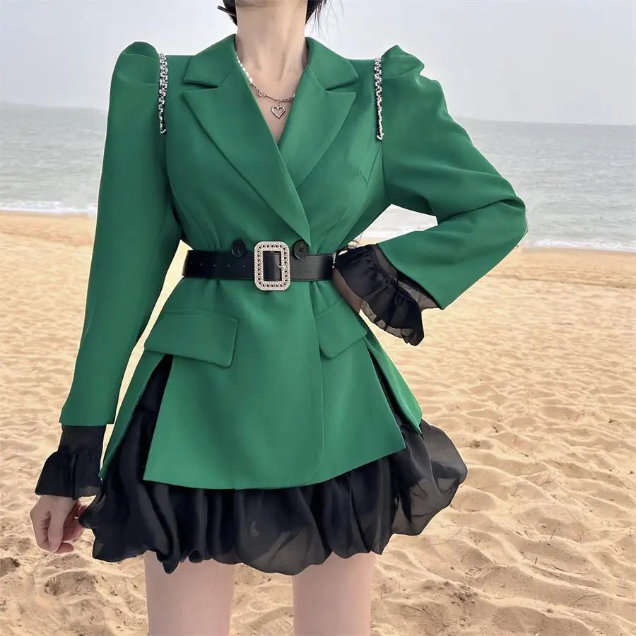 

Женский костюм из двух предметов, костюм с французским топом с расклешенными рукавами и надрезом и бальной мини-юбкой с эластичным поясом на осень