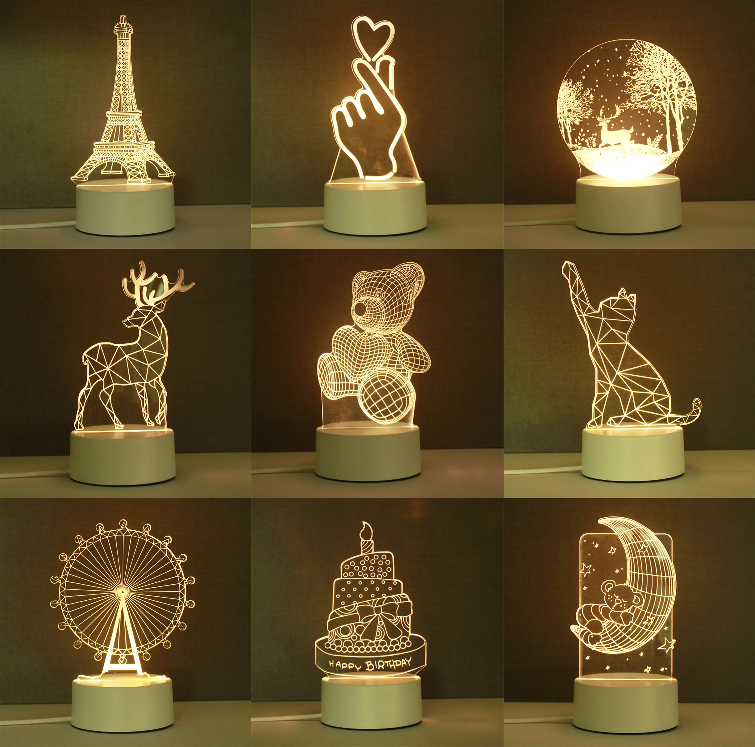 

3D Kids Night Light USB Table Lamp Decoration Heart Bear Acrylic For Home Bedroom Bedside Room Deco Christmas Romantic Love Gift