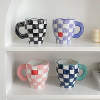handmade irregular ceramic cups hand painting checkerboard mugs for coffee tea milk water personalized couple mug microwave safe