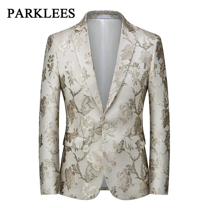 

Parklees Mens Flower Embroidery Blazer Jacket Brand New One Button Notched Lapel Suit Jacket Party Wedding Business Costume 6XL