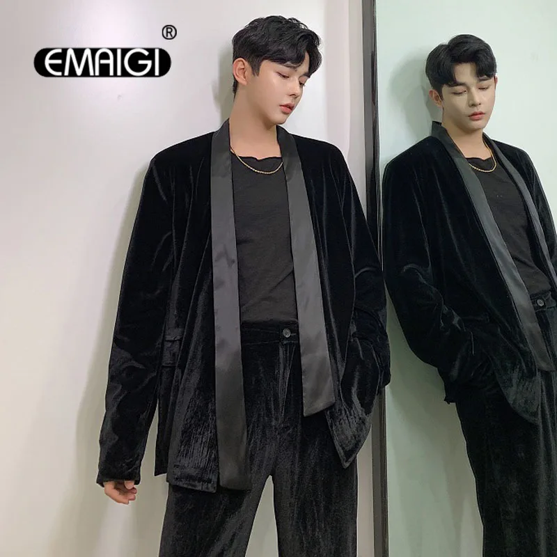 

Men 2PCS Suits Sets (jacket+pants) Male vintage fashion Streetwear Hip Hop Loose Casual velvet Cardigan blazer suit jacket