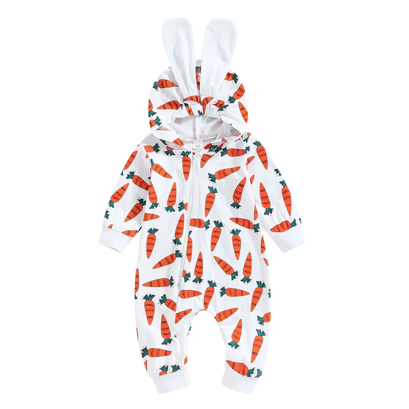 Newborn Baby Easter Romper 0-18 Month Infants Long Sleeve Zip Front Carrot Print Hooded Bunny Jumpsuits Long Pants