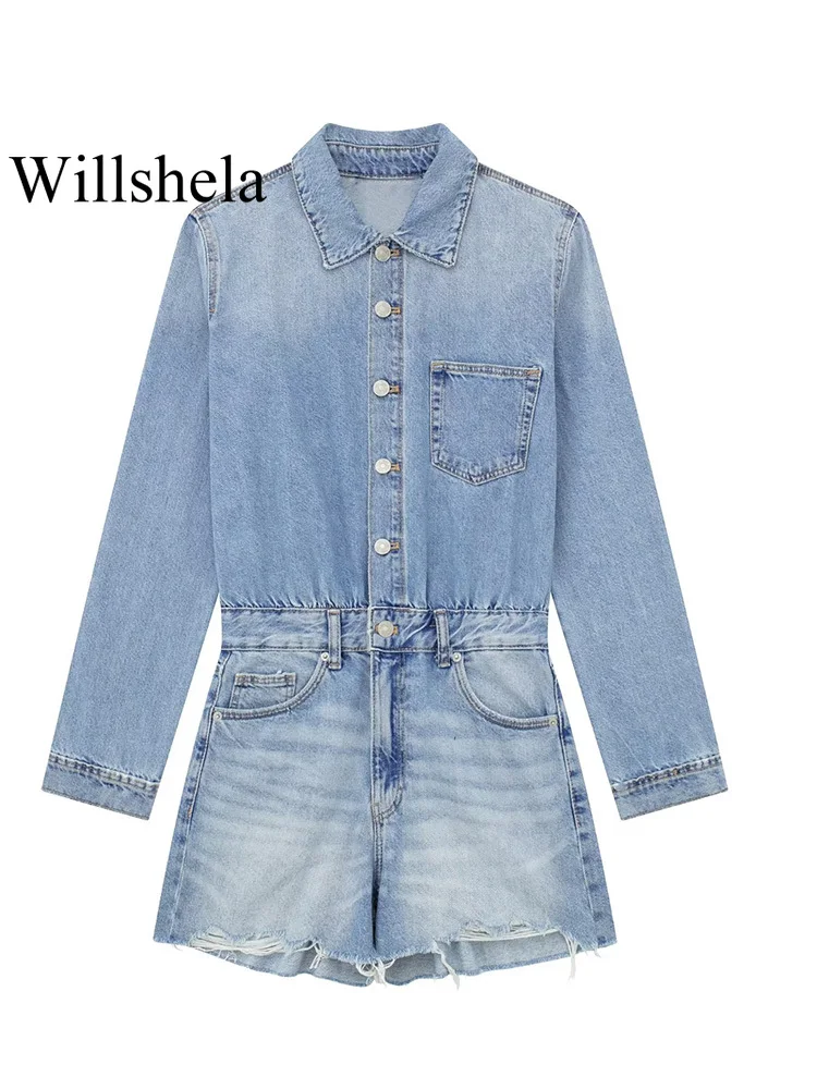 

Willshela женские модные джинсовые синие однобортные короткие комбинезоны винтажные с отворотом и длинными рукавами женские шикарные комбинезоны