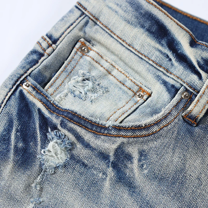 High Street Fashion Men Jeans Retro Blue Skinny Elastic Ripped Jeans Men Stretch Button Fly Patched Trousers Hip Hop Brand Pants