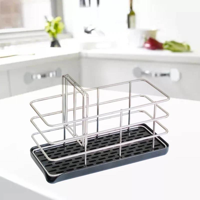 

Kitchen Sponge Holder Sink Caddy Brush Rack Stainless Steel Organizer with Diversion Groove Drainer Rack for Countertop