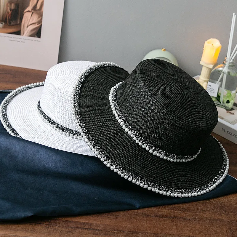 

202205-2509258 dropshipping summer paper grass pearl ribbon Panama lady fedoras cap women leisure JAZZ hat