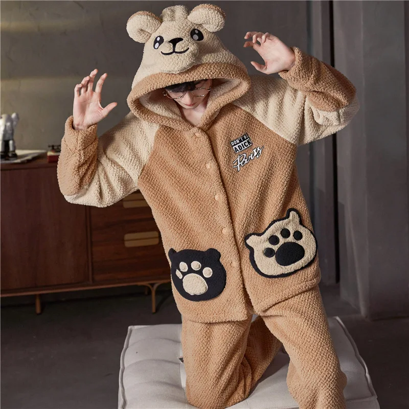 QUHENG Bust Warm Man Fleece Pajamas Winter Men Thick Hood Flannel Kigurumi Female Pajama Set Flannel Sleepwear Velvet Nightwear