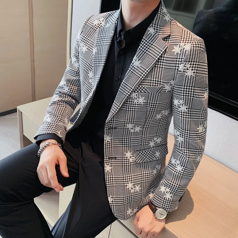 

Star Embroidery Plaid Suit Jacket Mens Fashion Wedding Business Clothing Streetwear Formal Social Party Tuxedo Suit Blazer 4XL-M