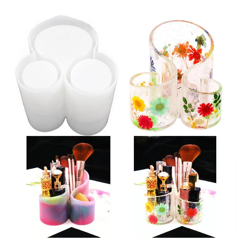 

Crystal Epoxy Mold Three-in-one Cosmetic Storage Box Dressing Table Finishing Box Pen Holder Silicone Mould for Wholesale