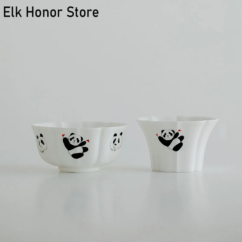

2pc/Set Panda White Porcelain Flower Mouth Master Cup Single Cup Household Ceramic Tea Cup Chinese Creative Kung Fu Tea Bowl Set
