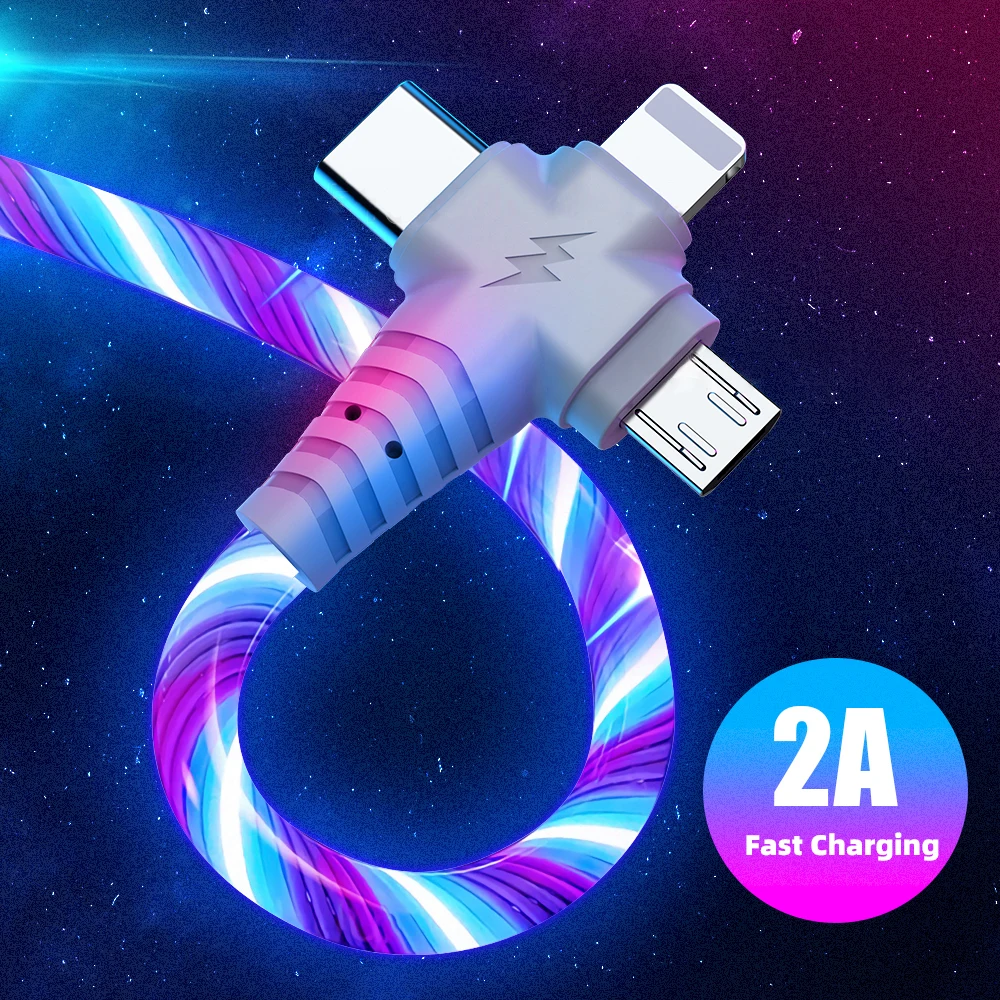 

3 In 1 Cable Flowing Light LED Type C Charging Cord Micro USB Cable For iPhone 13 12 Huawei 3in1 Charge Cord For Xiaomi Samsung