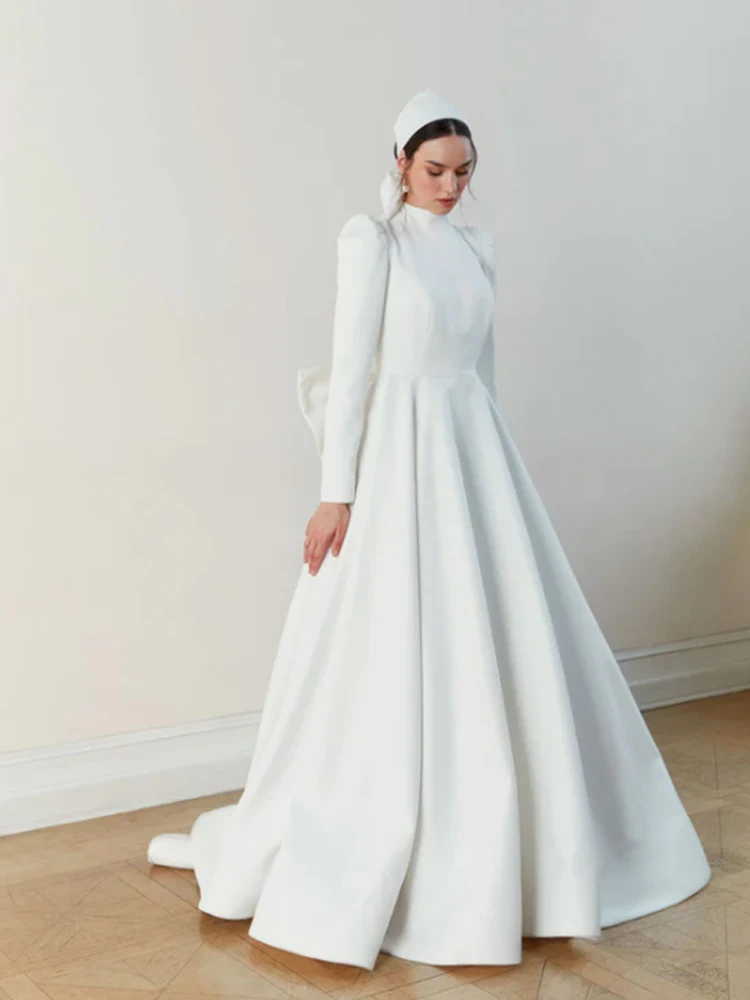 

Wedding Dresses for Women Muslim High Neck Long Sleeves Floor-Length A-Line Sweep Train Bow Button Formal Bride Gown 2023 New