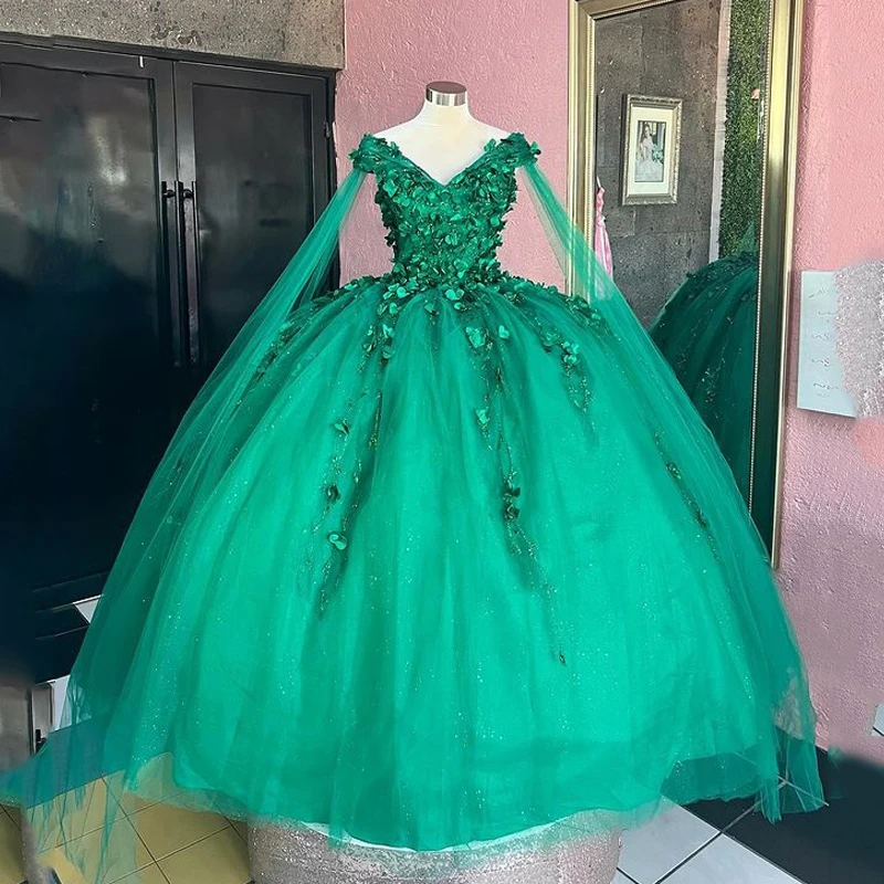 

ANGELSBRIDEP Emerald Green Quinceanera Dresses Off Shoulder Sweet 16 Dress 3D Flowers With Cape Celebrity Graduation Gowns NEW