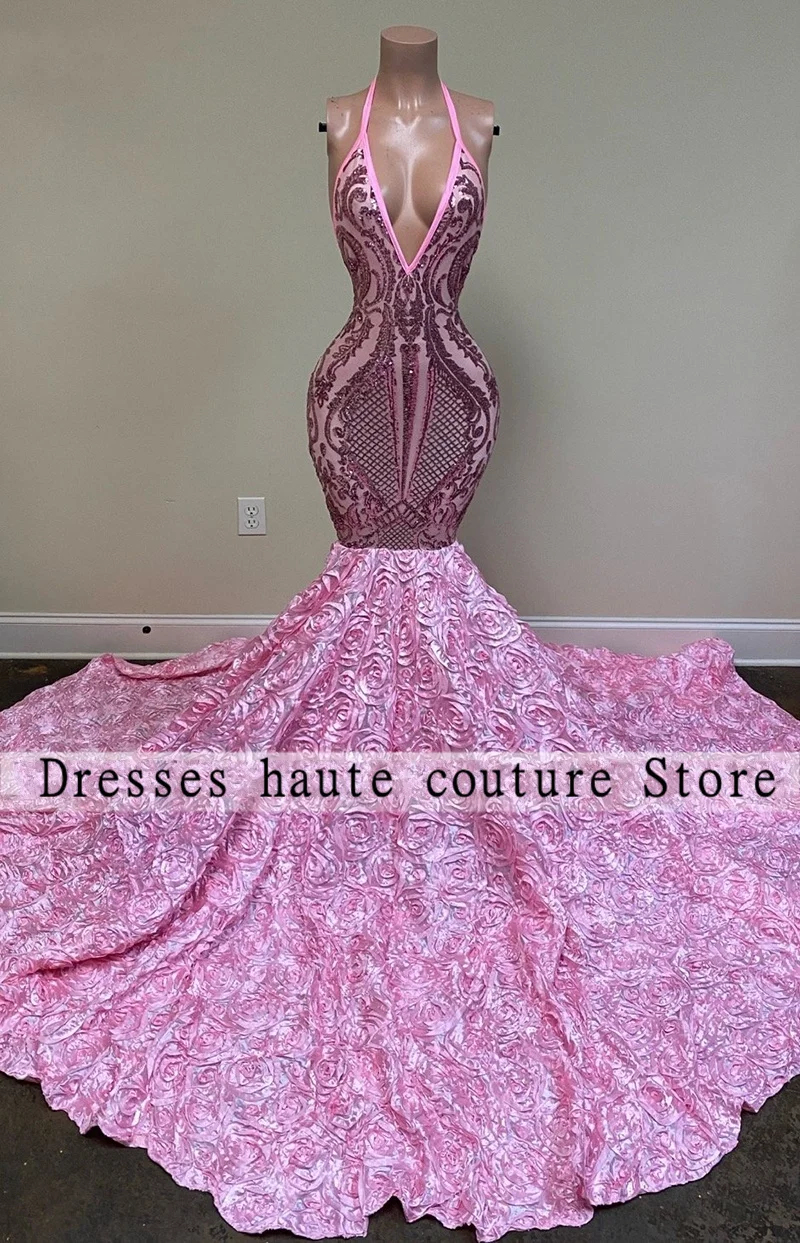 Luxury Halter Mermaid Prom Dresses 2022 For Black Girls Designed  Sexy Sleeveles Sequin Top 3D Flowers Evening Gowns Party Dress