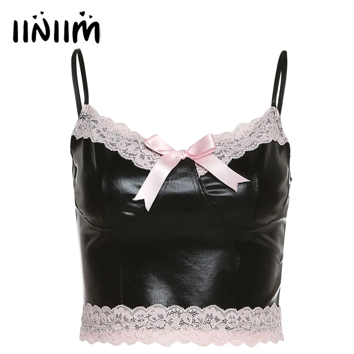 

Women Sexy Babydolls Bowknot Lace Trim V Neck Camisole Lingerie Fashion Spaghetti Strap Patent Leather Exotic Crop Top Clubwear