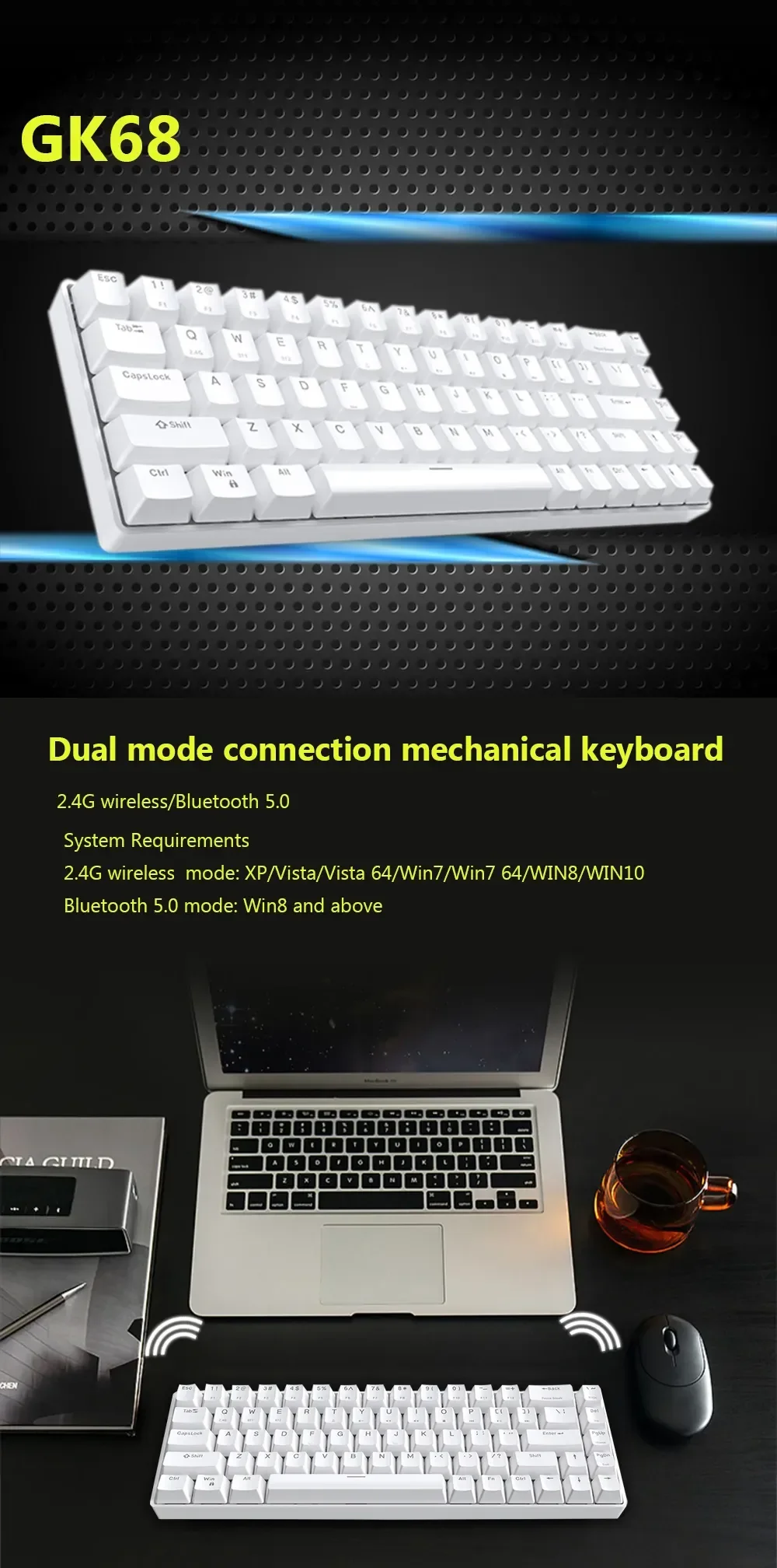 

HMTX 61Key Wireless Bluetooth 2.4Ghz Gaming Mechanical Keyboard 2-mode for Mobile Phone Tablet Notebook blue Red Brown Switch