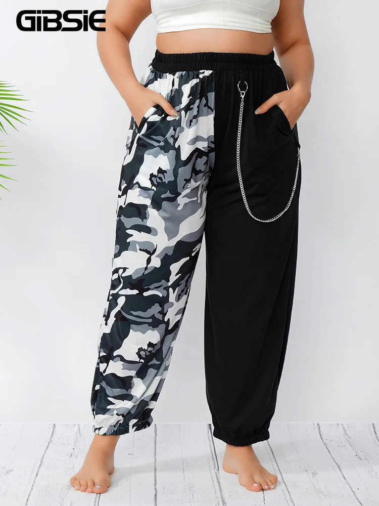 

GIBSIE Plus Size Camouflage Print Color Block Chain Pants Women Summer Streetwear Hip Hop Elastic Waist Casual Harem Pants 2022