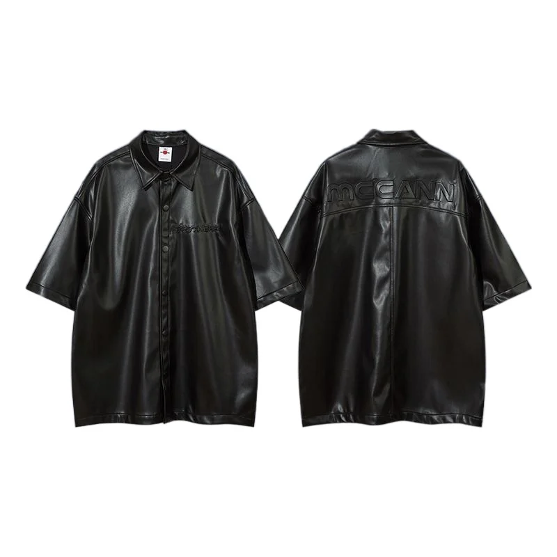 

High Street Tide Brand Embossed Letter PU Leather Short Sleeve Shirt Loose Couple Fried Street Shirt