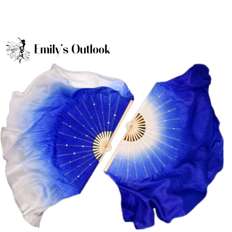 Royal Blue White Gradient Half Circle Belly Dance Veil Real Silk Fan Pairs(1R+1L) Handmade Chinese Bamboo 41cm-86cm |