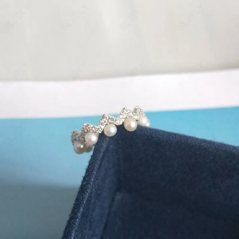SLJELY Luxury S925 Sterling Silver Up and Down Zigzag Finger Ring with Pearls Cubic Zirconia Stones Women Fashion Party Jewelry | Украшения