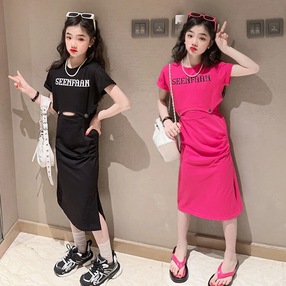 

Корейский комплект одежды для девочек-подростков, модный топ с надписью и длинная юбка, детская одежда из 2 предметов для детей 6, 8, 9, 10, 12, 14 лет, на лето
