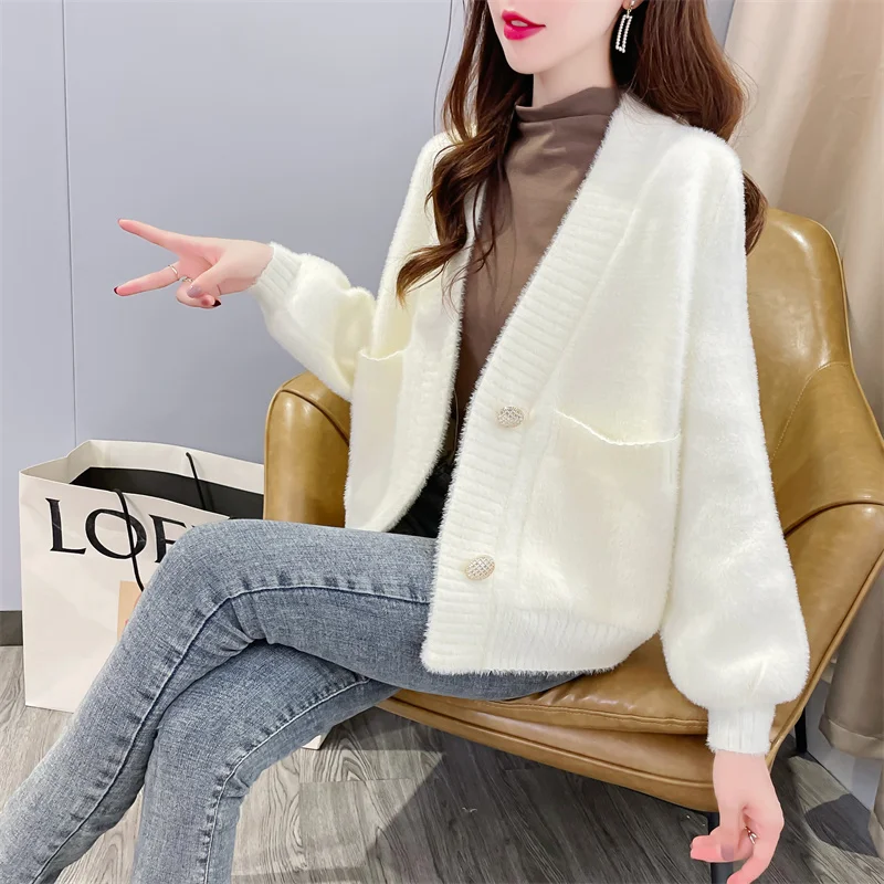 

Winter Autumn Thick Warm Mink Fleece Pink White Knitted Sweater Cardigan Women V-Neck Long Sleeve Short Knit Jacket Coat Female
