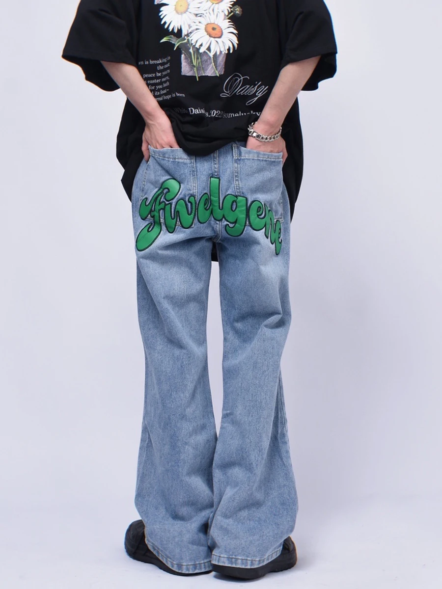 European and American Embroidery Design Jeans Ins High Street Loose Straight Pants Men Trousers Trendy Y2K Men Jeans Streetwear