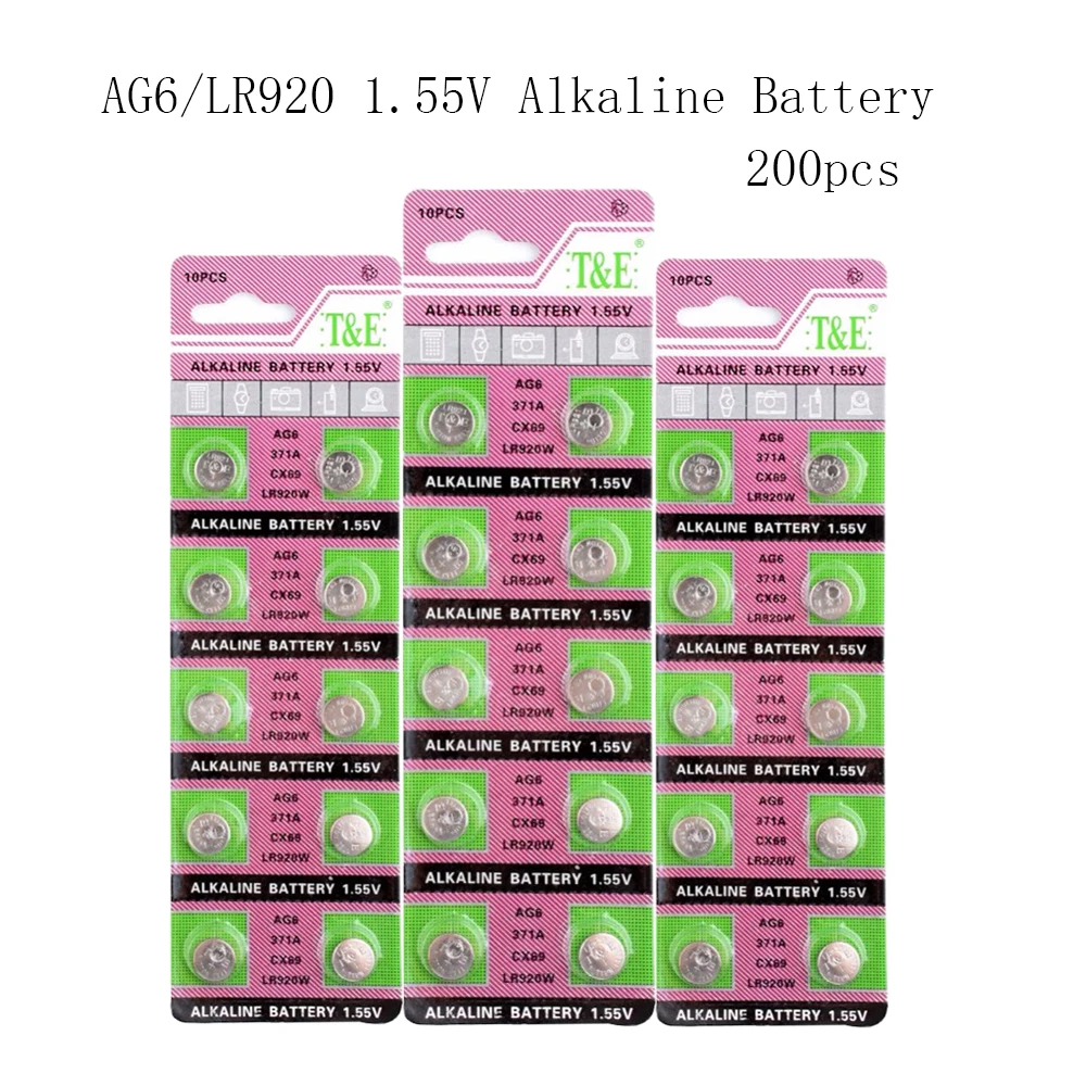 AG6 200 шт = 20 карт 40 мА/ч 1 55 V Щелочная батарейка-кнопка 605 371 D371 SR920SW SR69 плоский круглый
