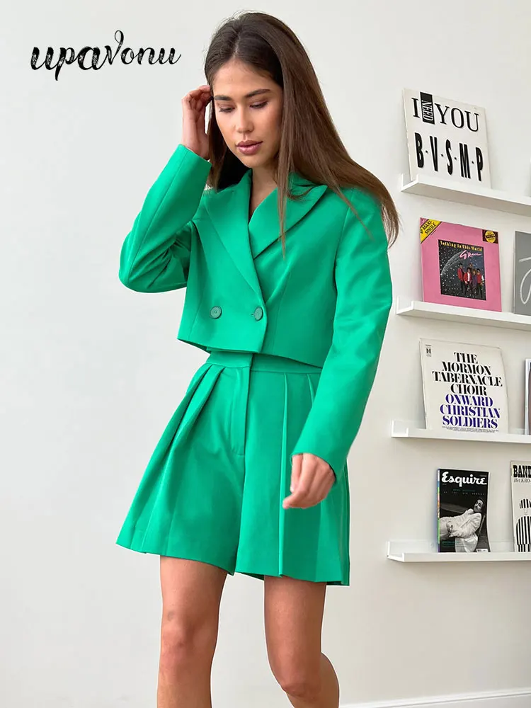 

Elegant Summer Women's Suit Shorts Suit 2022 New Lapel Long Sleeve Double Breasted Blazer & Pleated A-Line Skirts Two-piece Set