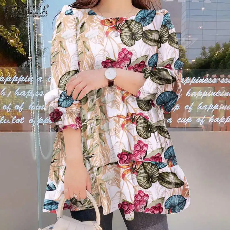 

Блузка ZANZEA женская с оборками, Модная элегантная рубашка для отдыха, топ с принтом, повседневная сорочка оверсайз с длинным рукавом, весна-о...