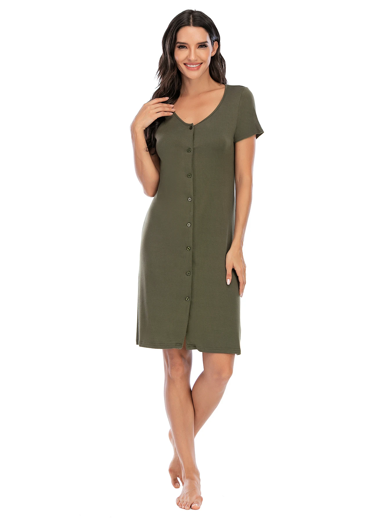 Aamikast Women Summer Pajama Short-Sleeved Loungewear Cardigan Buttons Comfortable Leisure Outfit Mid-Length Solid Nightgown