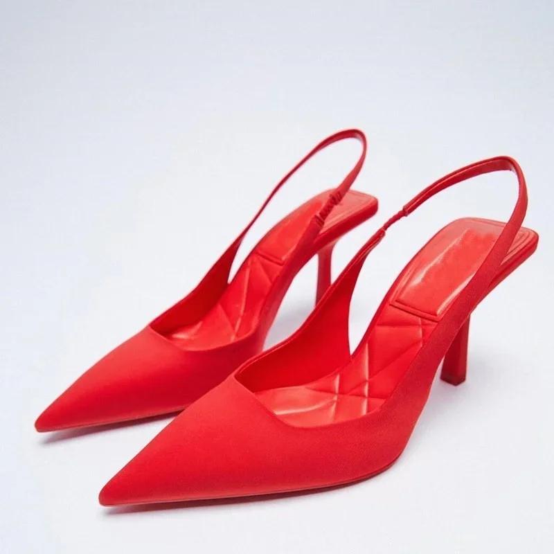 

New Elegant High Heel Pointed Toe Party Slip-On Stiletto Sandals Sexy Red Slingback Shallow Mouth Women's Mules Fashion Summer