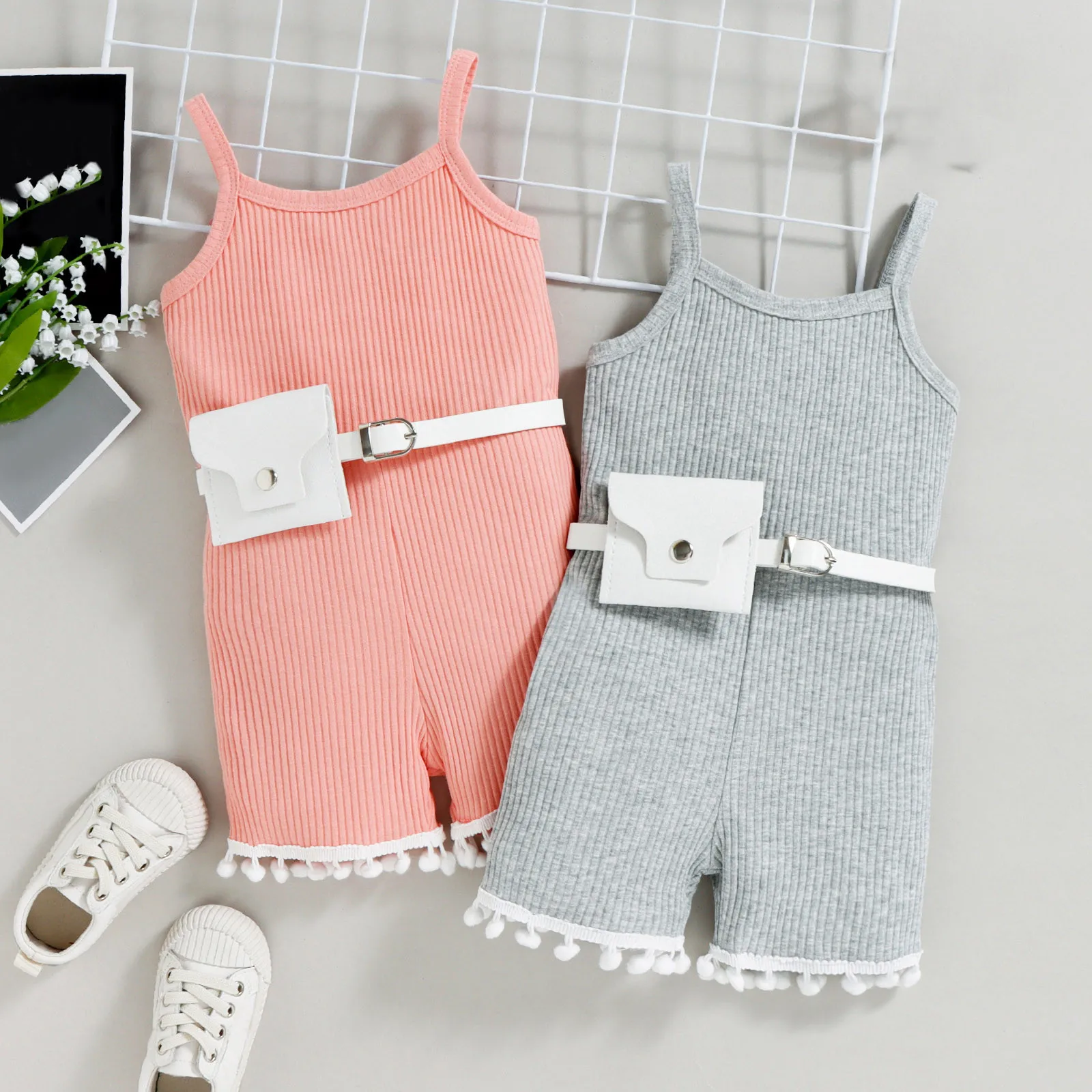 

Toddler Girls Sleeveless Romper Solid Ribbed Tassels Jumpsuit Belt Waist Bag Outfits Baby Girl Sleep And Play