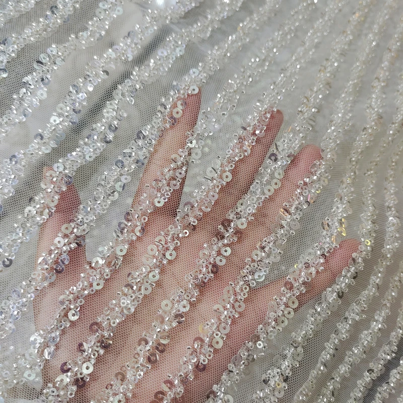 

Bridal Lace Fabric Stripes Luxury Beaded Sequin Wedding Dress Advanced Custom-made Sewing Fabric