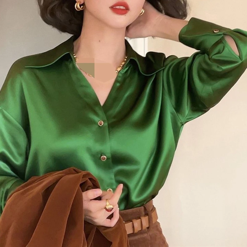 

retro acetic acid shirt women's autumn high-end long-sleeved loose and thin sagging shirt shirts women SILK High Street