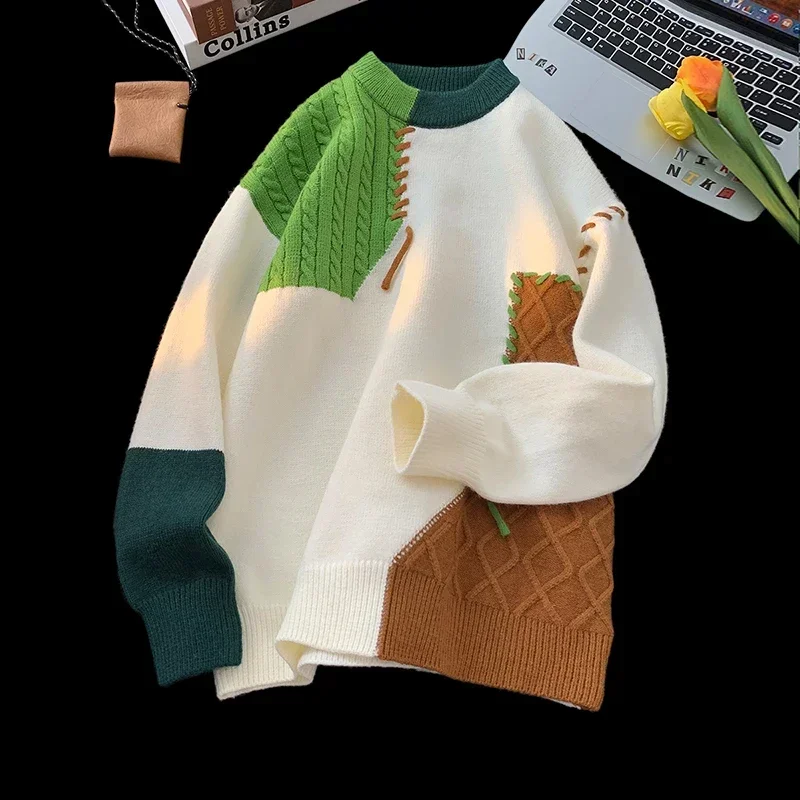 Autumn Patchwork Colour Round Neck Jumper Loose Warm Knit Sweater Lazy Wind Casual Bottoming Shirt Women Men Clothing