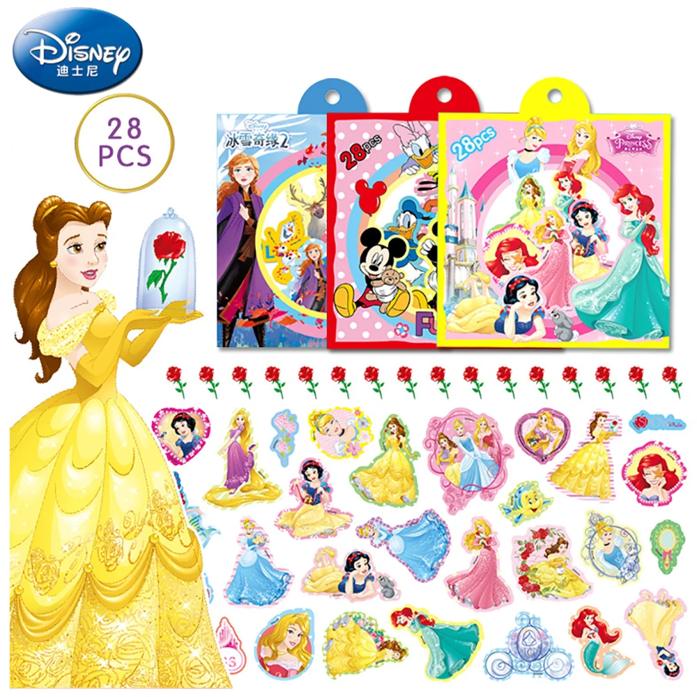 

28 Pieces Disney Kids Sticker Toys Boys Girls Cartoon Princess Mickey Mouse Stitch Waterproof Sticker Children's Shiny Sticker