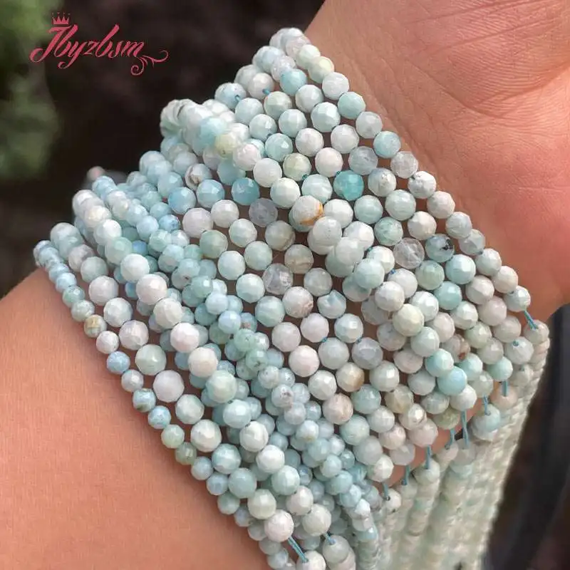 

2.3.4mm Round Faceted Blue Larimar Stone Mini Tiny Spacer Beads for Women Men DIY Necklace Bracelet Charms Jewelry Making 15"