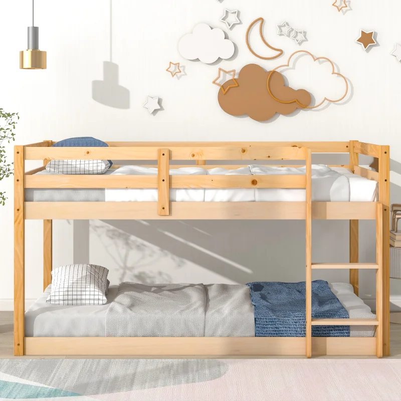 

Twin Over Twin Floor Bunk Bed Made of High Quality Pine Strong and Durable Spacious Design Safety and Quality Are Guaranteed