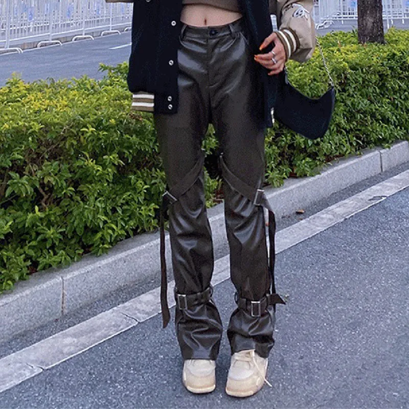 

Kayotuas Women Pants Skinny Bodycon Casual Daily Simple Black Vintage Clothes 90s Ladies PU Leather Straight Streetwear