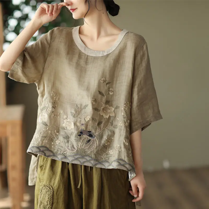 

Luxury Embroidery Floral Tees Women Chinese Style Classic Loose Shirts Casual Vintage O Neck Short Sleeve Summer Blouse Tops