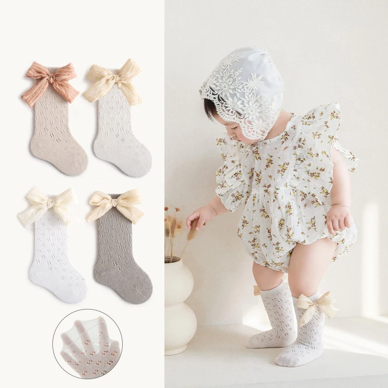 2023 Spring Baby Socks Infant Breathable Spanish Sock Girls Bows Hose Kids Hollow Floor Sokken Elastic Toddler Stockings New