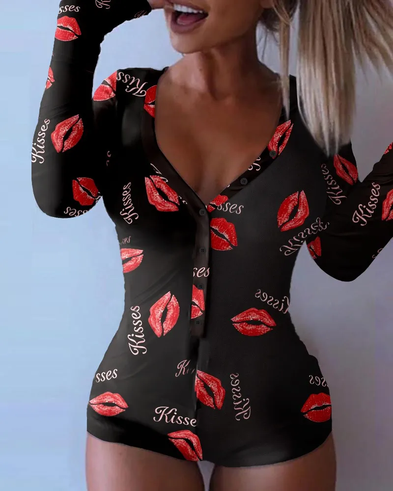 Women's Sexy Butt Buttoned Flap Pajamas Cute Printed Long Sleeve Functional Buttons Design Romper Casual Jumpsuit 2022 Summer