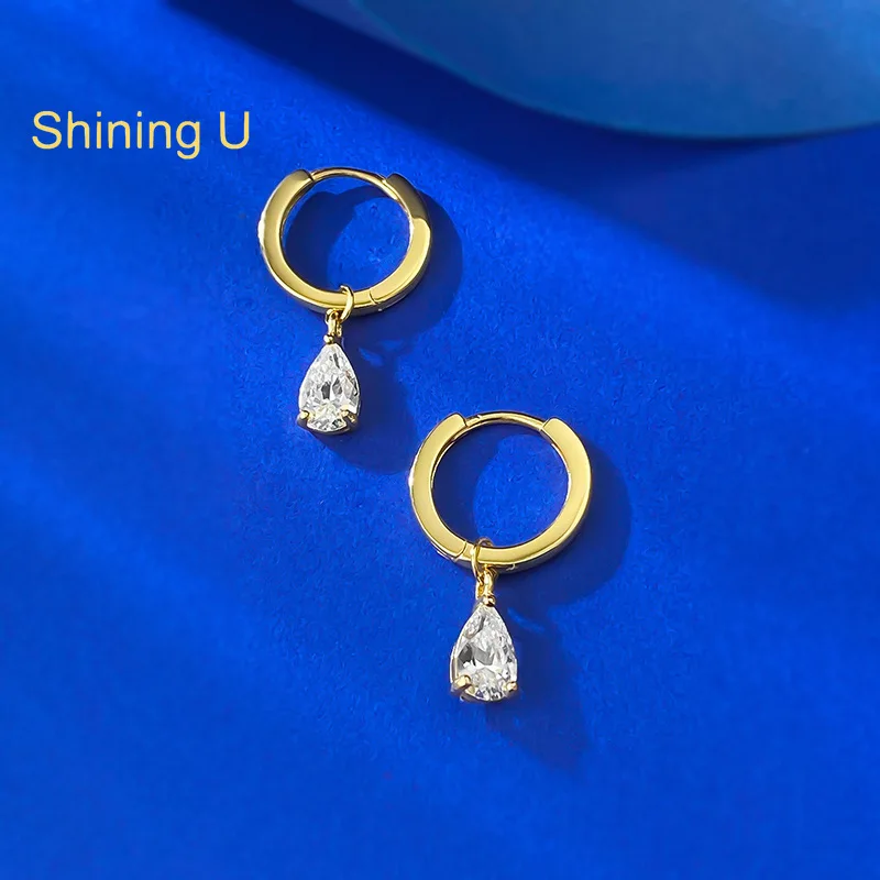 Фото Серьги-подвески Shining U из позолоченного серебра 925 пробы, 5*7 мм, грушевидной огранки, для женщин, ювелирные изделия, оптовая продажа для свадеб. №3