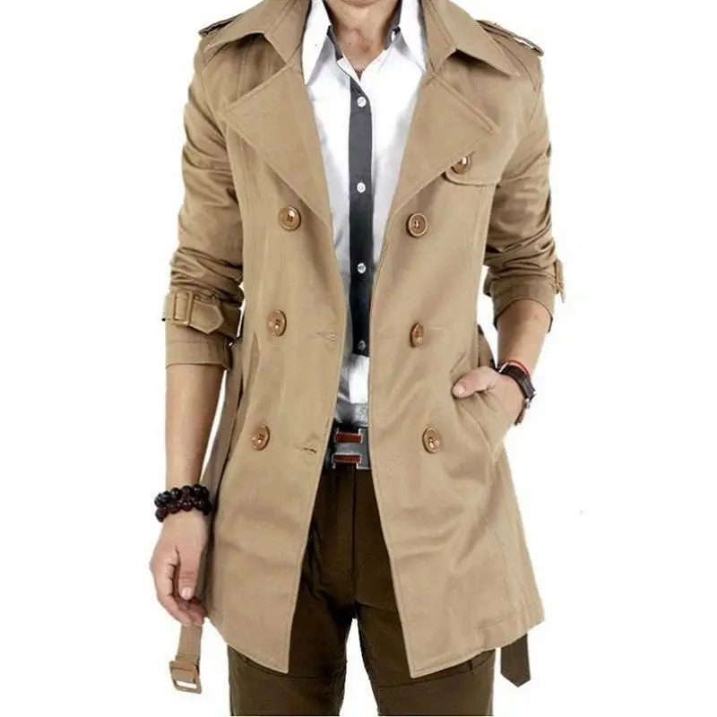 Men's Windbreaker Jacket Vintage Black Khaki Spring Autumn Business Trench Male Double Breasted Retro Classic Long Coat Thick | Мужская