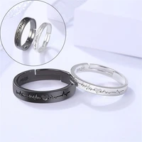 adjustable wedding simplicity korean style heart electrocardiogram valentineday black silver color couple rings