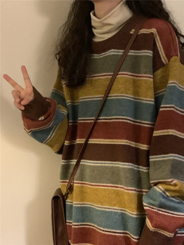 Японский Полосатый Свитер В Стиле Ретро Большой Размер Вязаный Пуловер