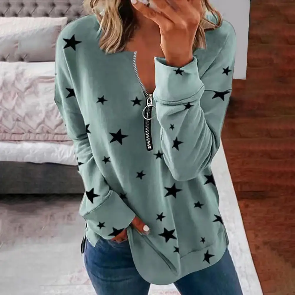 

Women T-shirt Long Sleeve Zipper Decor Round Neck Casual Star Print Pullover Top for Female