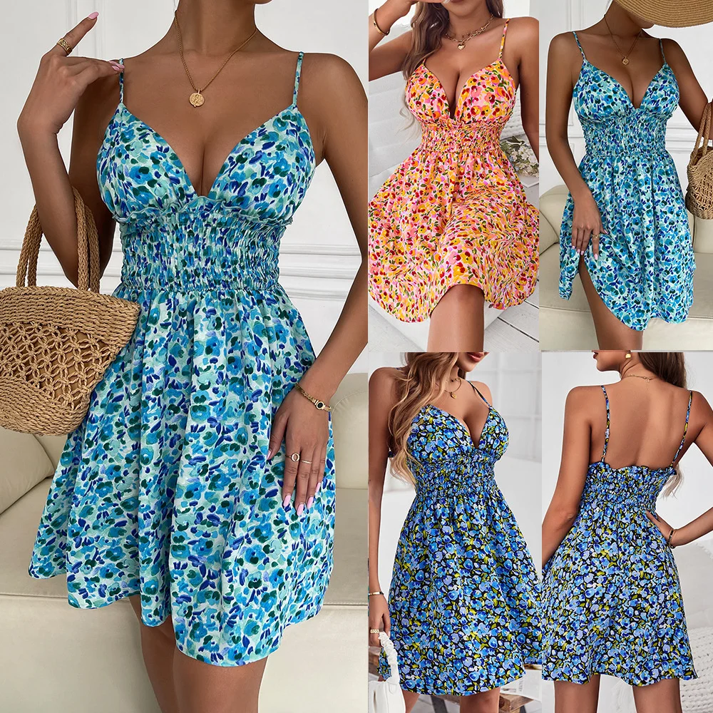 

Casual elegant slim sexy 2023 new dress, summer new sexy printed waist suspender A-line skirt temperament casual women's dress
