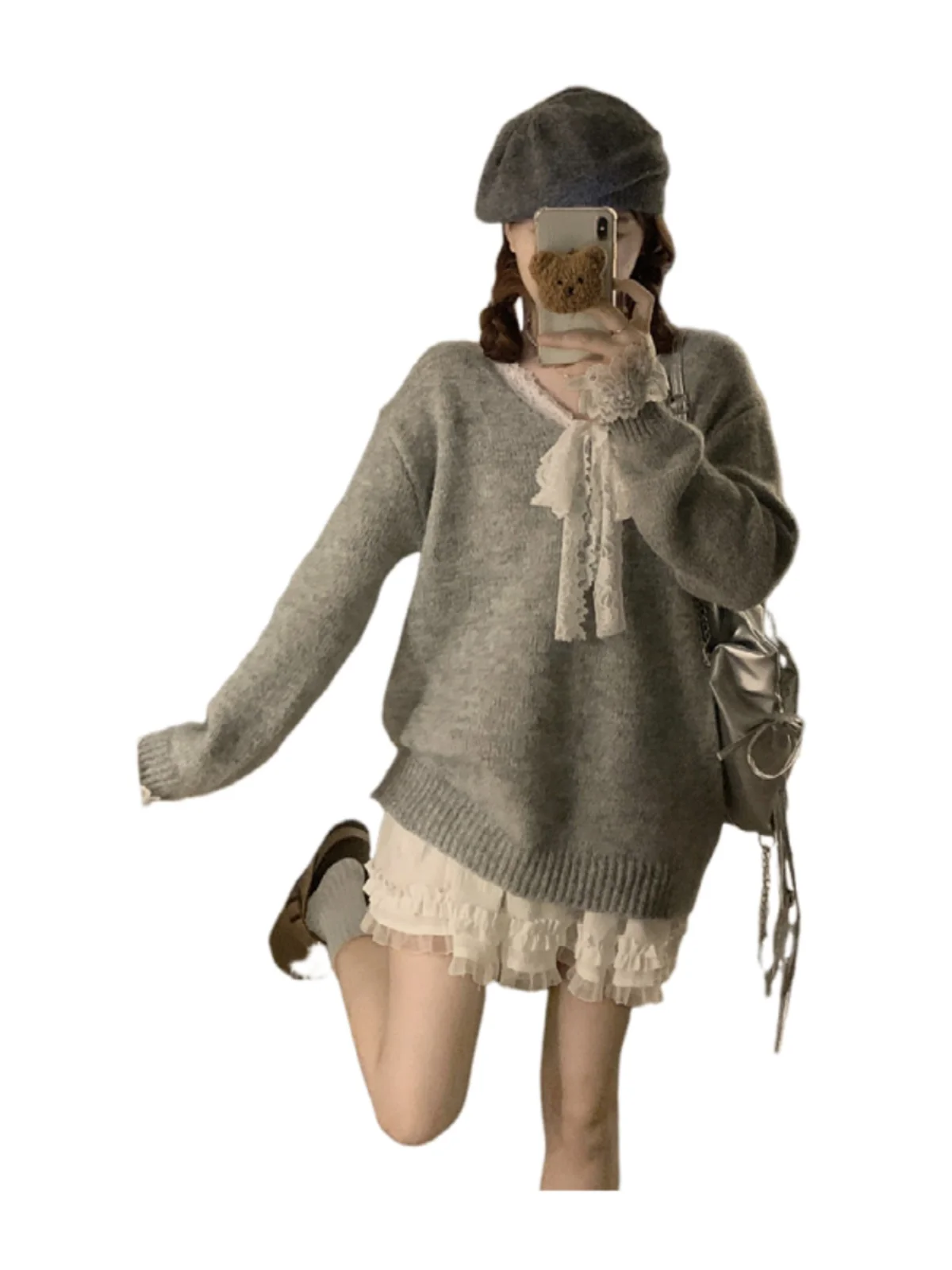 Женская одежда больших размеров новинка осени 2024 кружевной лоскутный свитер с